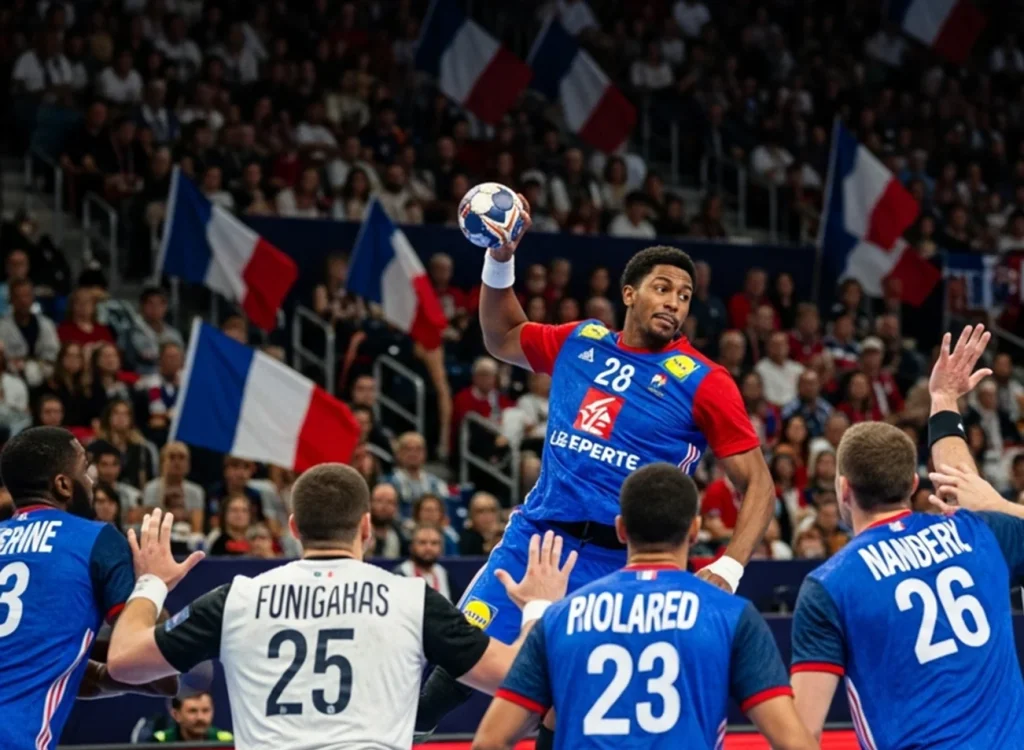 Französische Handball-Nationalmannschaft im Angriff