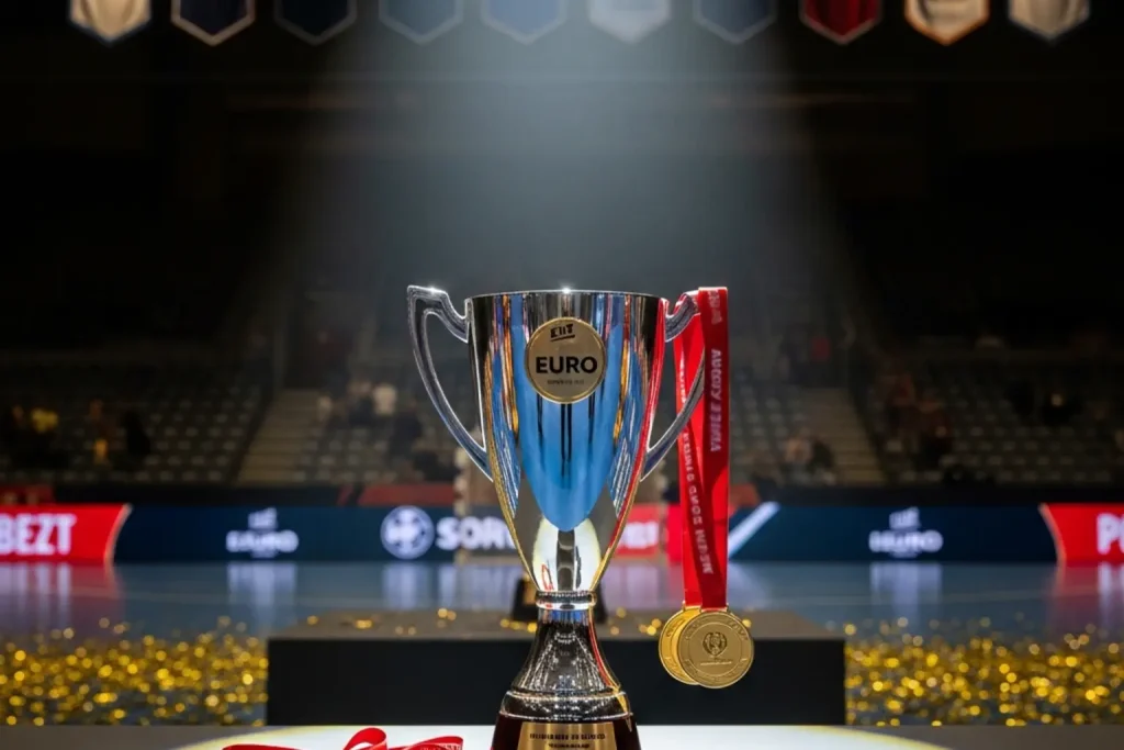Historische Handball-EM-Siegerehrung mit Pokal und Goldmedaillen