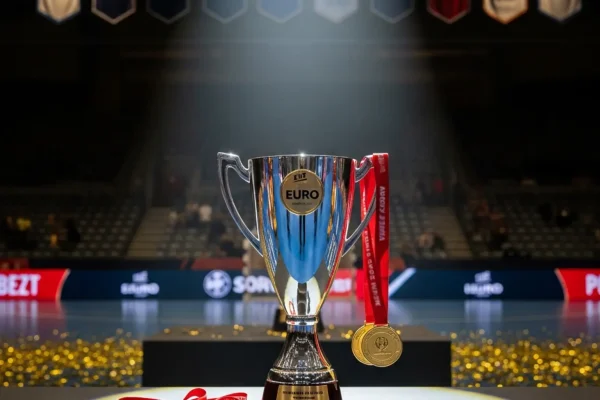 Historische Handball-EM-Siegerehrung mit Pokal und Goldmedaillen