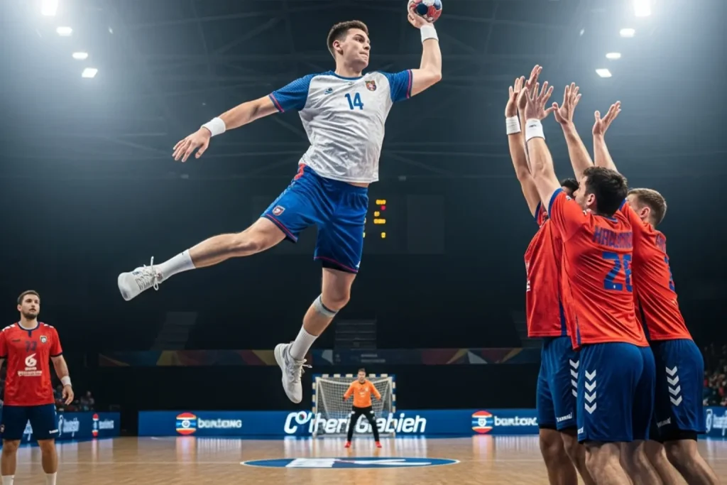 Handball-Rückraumspieler im Sprungwurf während EM-Spiel
