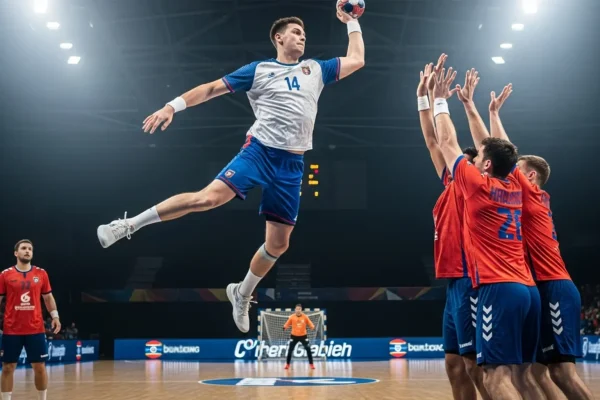 Handball-Rückraumspieler im Sprungwurf während EM-Spiel