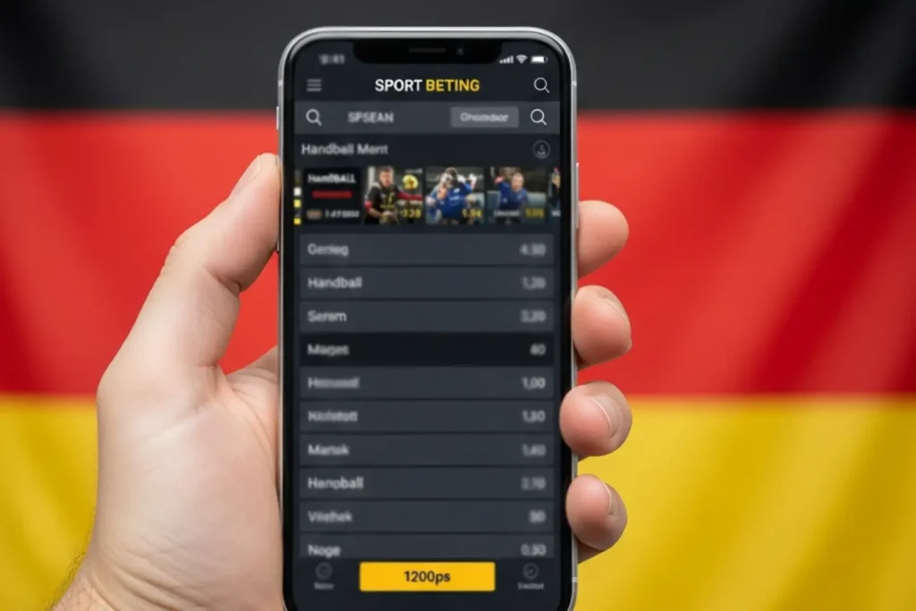 Smartphone mit Sportwetten-App vor deutscher Flagge